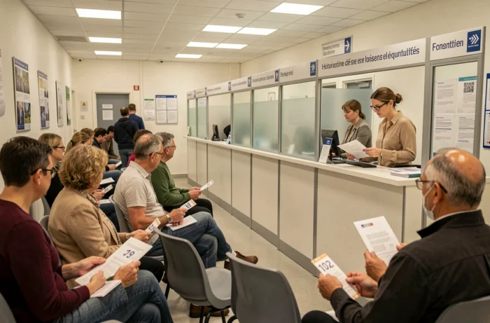 Salle d'attente et accueil du centre des impôts de Mérignac avec des contribuables