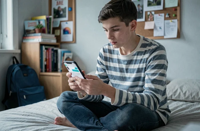 Adolescent assis sur son lit consultant son téléphone Android pour apprendre à souligner un mot dans un SMS