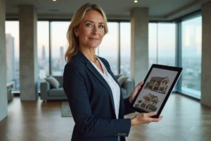 Agente immobilière professionnelle tenant une tablette avec des plans d'appartement dans un appartement moderne avec vue sur la ville