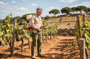 Agriculteur portugais utilisant un pulvérisateur à dos dans une vigne typique du Portugal pour l'application de produits phytosanitaires