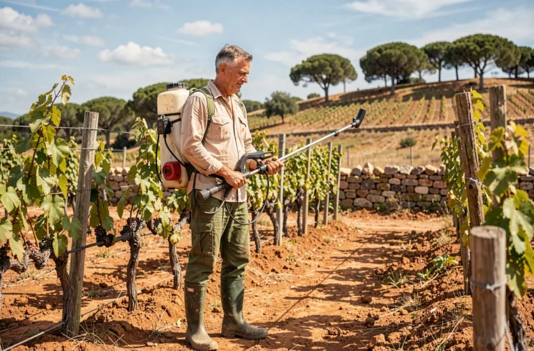 Agriculteur portugais utilisant un pulvérisateur à dos dans une vigne typique du Portugal pour l'application de produits phytosanitaires