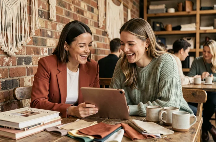 Deux amies partageant des idées shopping tendance sur une tablette dans un café vintage chaleureux