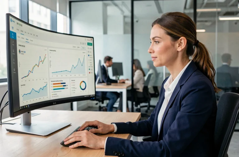 Professionnelle analysant des données de backlinks SEO sur un écran d'ordinateur dans un bureau moderne
