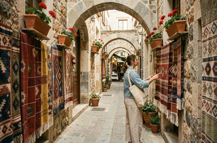 Jeune femme admirant des textiles artisanaux sardes dans une ruelle pittoresque près du marché de Porto Torres