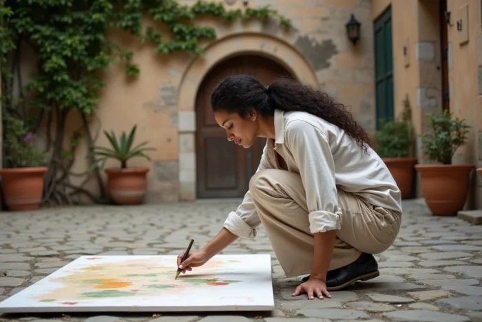 Artiste peintre travaillant sur une toile posée au sol dans une cour pavée méditerranéenne