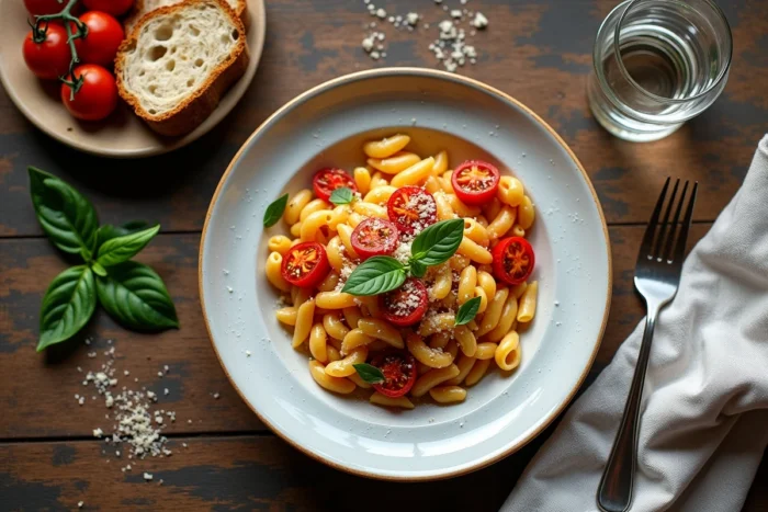 Assiette de pâtes maison avec tomates cerises rôties et basilic frais sur une table en bois rustique