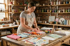 Femme créative arrangeant des fournitures de loisirs créatifs dans un atelier artisanal chaleureux aux murs en briques