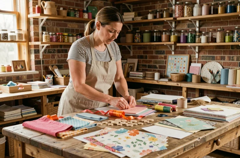 Femme créative arrangeant des fournitures de loisirs créatifs dans un atelier artisanal chaleureux aux murs en briques