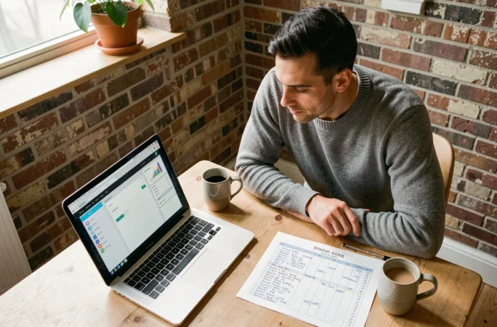 Freelance SEO travaillant sur une analyse de backlinks depuis son bureau à domicile avec un laptop et des notes imprimées