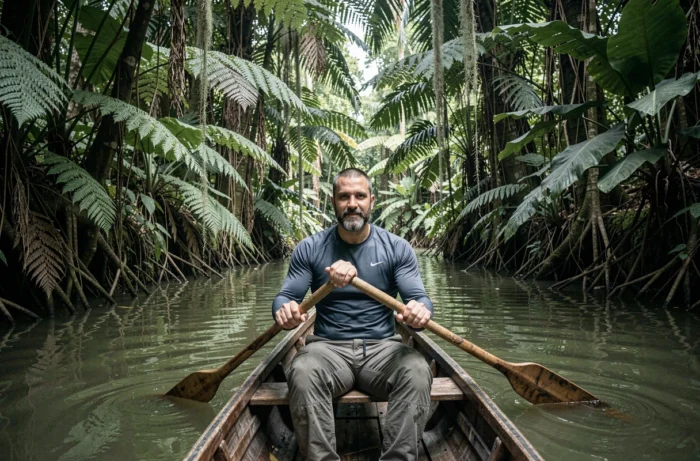 Aventurier pagayant un canoë en bois sur une rivière tropicale encadrée par une dense forêt jungle aux reflets vert profond