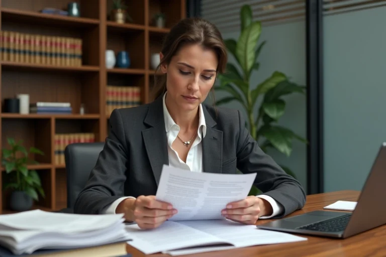 Avocate professionnelle en costume gris consultant des documents juridiques dans un cabinet d'avocats moderne