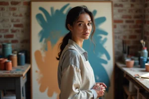 Béatrice Vonderweidt, artiste peintre dans son atelier devant une grande toile abstraite aux couleurs vives