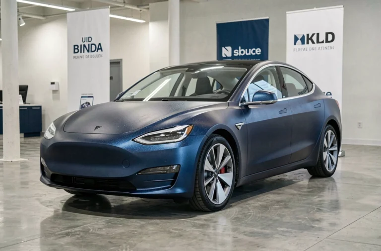 Nouvelle berline électrique exposée dans un showroom automobile moderne avec design aérodynamique et finition bleu nuit mat
