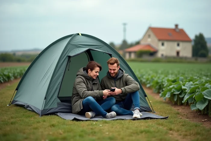 Couple campant légalement en bordure d'un champ cultivé en France, consultant un smartphone