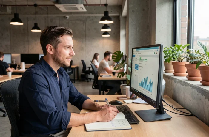 Blogueur masculin analysant les performances de son blog sur un grand écran dans un espace de coworking moderne