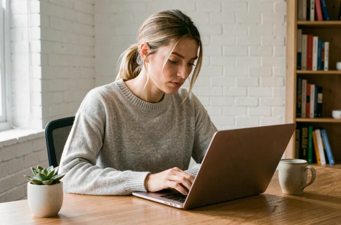 Femme blogueuse travaillant sur son ordinateur portable dans un bureau à domicile moderne pour améliorer son blog en 2024
