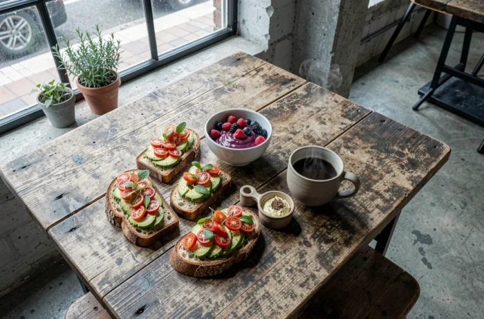 Table de brunch gourmand avec toast avocat, acai bowl et café en grain dans un café urbain