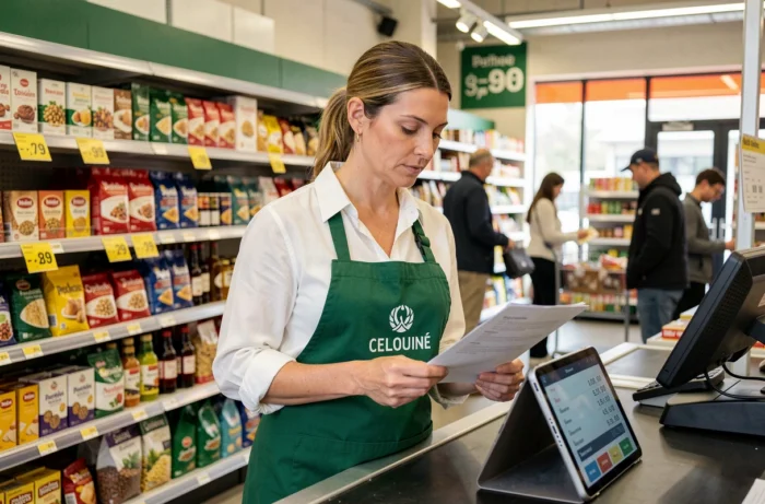 Caissière en supermarché consultant des informations sur l'évolution du Smic horaire