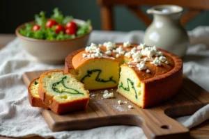 Cake aux courgettes et chèvre tranché sur une planche en bois rustique, accompagné d'une salade verte et de tomates cerises sur une table de ferme