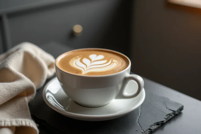 Cappuccino parfait dans une tasse en céramique blanche avec une machine DeLonghi Magnifica S en arrière-plan flou sur un comptoir en ardoise