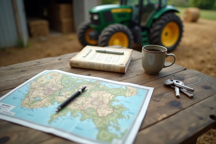 Plan cadastral agricole et code juridique posés sur une table en bois dans une ferme française