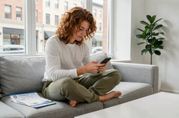 Jeune adulte réalisant ses démarches de carte grise sur smartphone depuis son salon, avec des documents administratifs de véhicule posés à côté