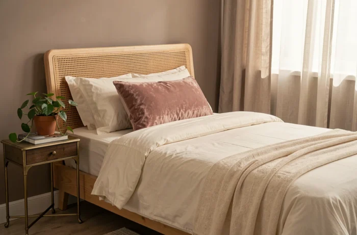 Chambre à coucher cosy avec tête de lit en rotin, literie en coton blanc et décoration tendance naturelle