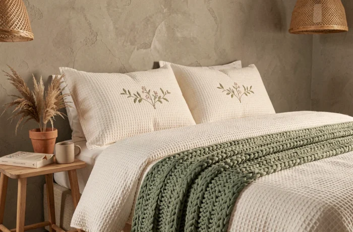 Chambre de style scandinave avec literie en bouclé blanc, plaid en laine verte et table de chevet en chêne minimaliste