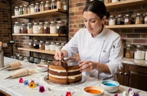 Cheffe pâtissière arrangeant un entremet glacé dans une boulangerie parisienne artisanale