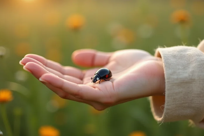 Femme tenant une coccinelle noire à point rouge dans sa main en pleine nature, symbole de chance et de spiritualité