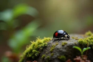 Coccinelle noire à point rouge posée sur une pierre mousseuse en forêt, symbolisant la spiritualité et la nature
