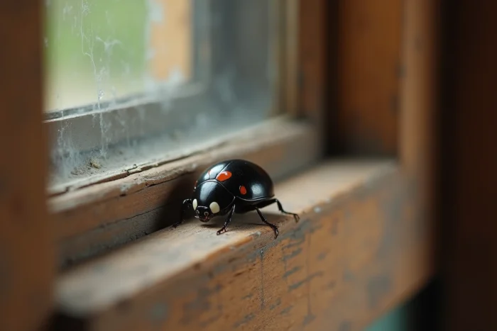 Coccinelle noire à un point rouge marchant sur un rebord de fenêtre en bois rustique, symbole spirituel du foyer