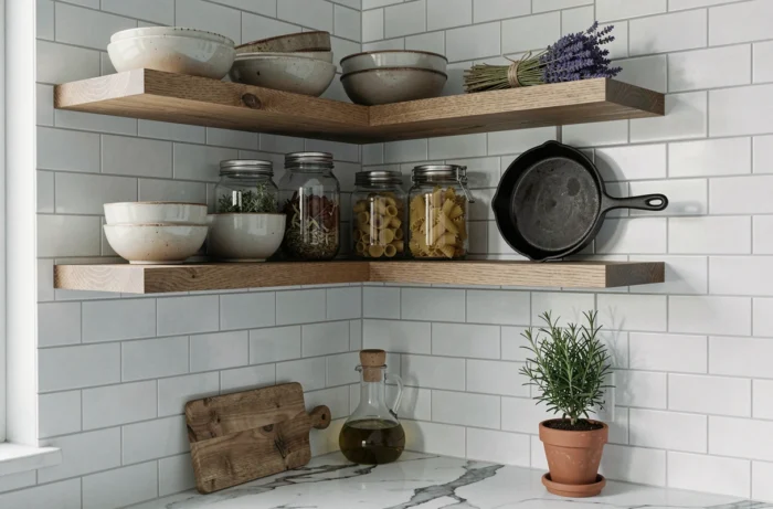 Coin cuisine décoré avec étagères en chêne, vaisselle céramique vintage et plan de travail en marbre aux reflets naturels