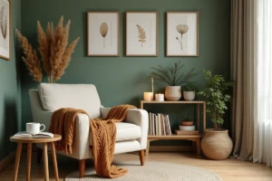Coin salon cocooning avec fauteuil en lin crème, plaid en laine chunky et plantes décoratives dans un intérieur chaleureux aux tons naturels