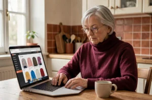 Femme senior commandant des vêtements Damart en ligne sur son ordinateur portable dans une cuisine chaleureuse