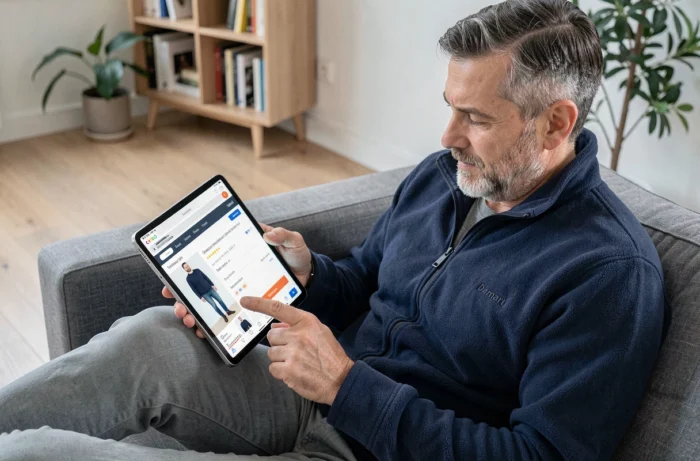 Homme d'âge mûr passant une commande Damart sur une tablette dans un salon moderne