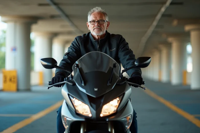 Homme quadragénaire en veste moto assis sur un Yamaha T-Max 750 dans un parking souterrain moderne