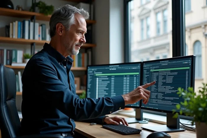 Homme configurant une connexion internet dédiée dans un bureau à domicile avec modem fibre optique