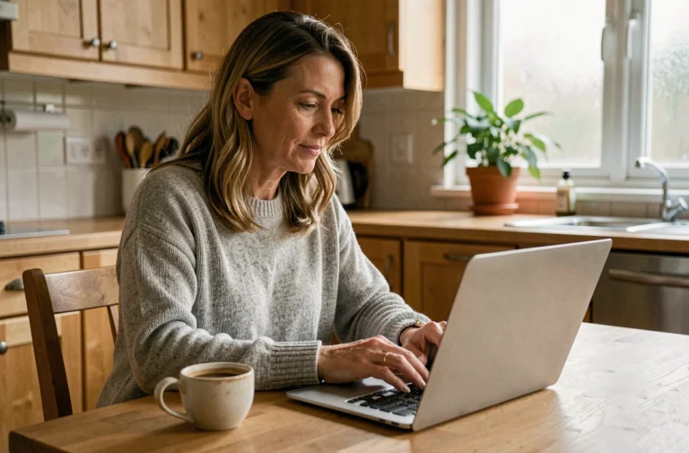 Mère assise à la table de cuisine en train de confirmer la participation de son enfant à une activité en ligne sur un ordinateur portable
