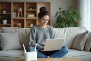 Femme utilisant une connexion internet dédiée sur son ordinateur portable depuis son salon moderne