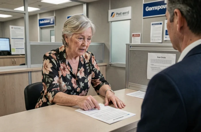 Femme âgée demandant de l'aide à un conseiller Banque Postale pour retrouver son identifiant de connexion à 10 chiffres