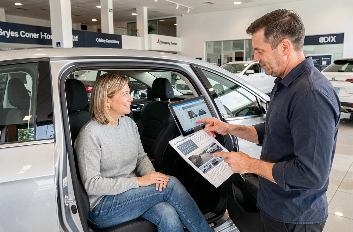 Cliente et conseiller de concession automobile discutant des options d'installation d'un GPS intégré dans une voiture