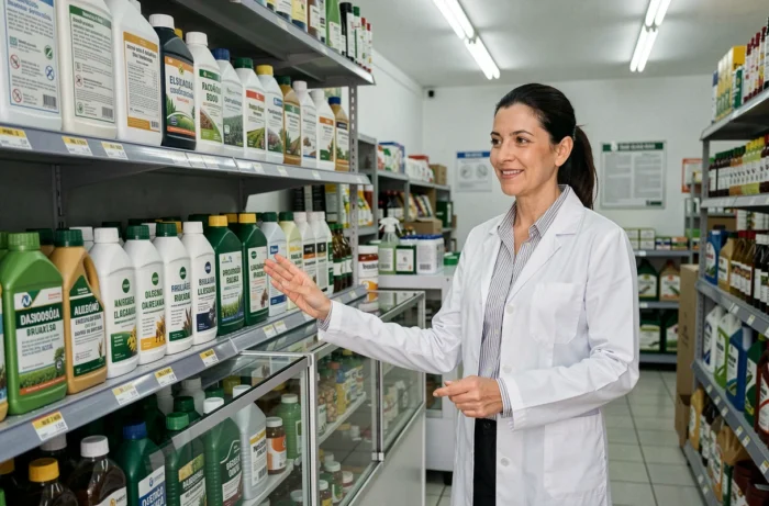 Conseillère en magasin agricole au Portugal présentant des herbicides et produits phytosanitaires réglementés