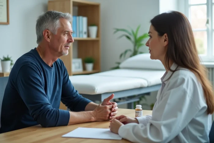 Patient discutant des effets secondaires d'un complément alimentaire avec son médecin lors d'une consultation, en lien avec l'avis sur Indiva System