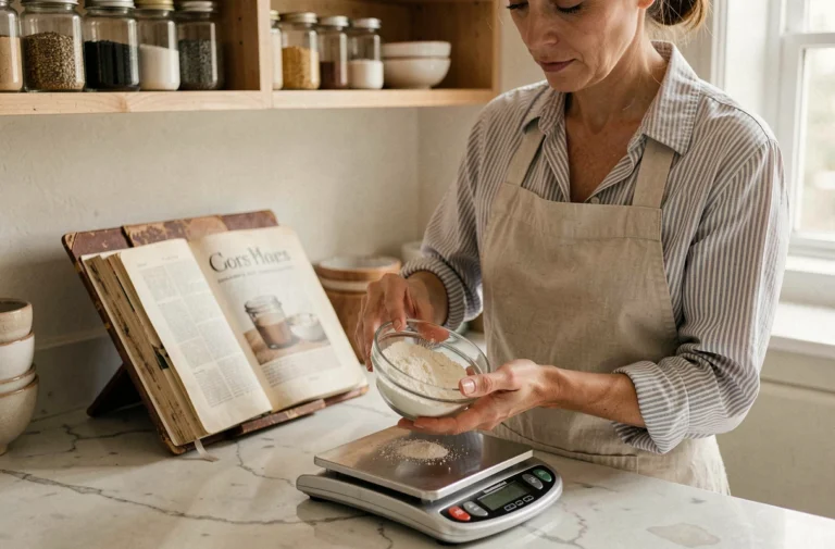Femme versant de la farine sur une balance de cuisine numérique pour convertir des grammes dans une recette