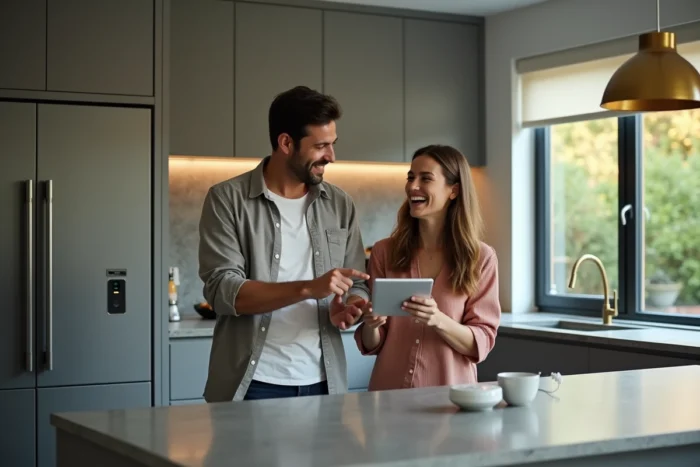 Couple profitant d'une connexion internet haut débit exclusive à domicile dans leur cuisine moderne