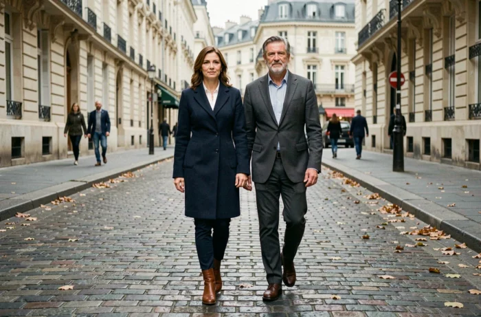 Couple discret marchant dans une rue parisienne pavée en automne, évoquant la vie privée et la complicité de Fabien Haimovici et son épouse