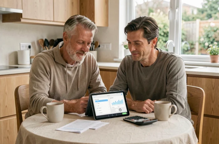Couple planifiant ensemble leur budget et leurs investissements autour d'une tablette dans une cuisine moderne