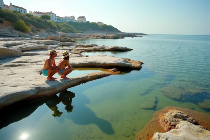 Couple explorant des rochers et des mares de marée dans une crique naturelle de l'île de Ré à marée basse avec village en arrière-plan