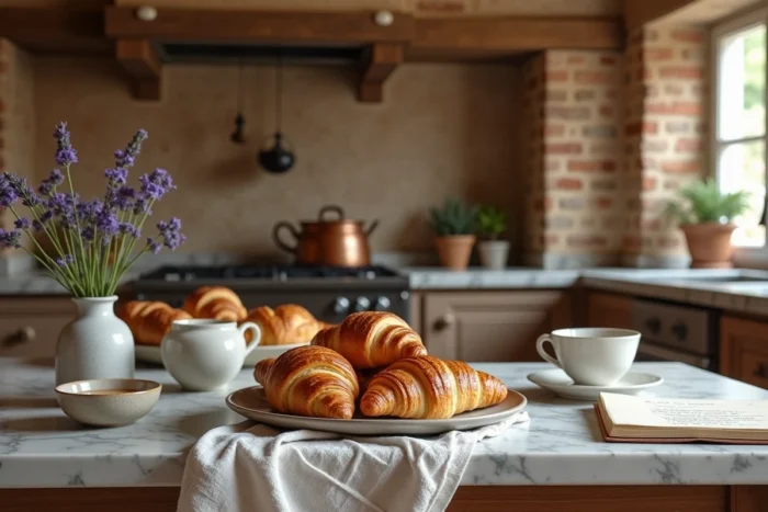 Cuisine française rustique avec croissants dorés, bol de café et carrelage en terre cuite, incarnant l'art de vivre à la française